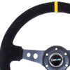 NRG Reinforced Steering Wheel (350mm / 3in. Deep) Blk Suede w/Circle Cut Spokes & Single Yellow CM