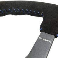 NRG Reinforced Steering Wheel (350mm / 3in. Deep) Blk Suede/Blue BBall Stitch w/5mm Matte Blk Spokes