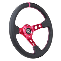 NRG Reinforced Steering Wheel (350mm/3in. Deep) Black Leather/ Fushia Center Mark/ Fushia Stitching