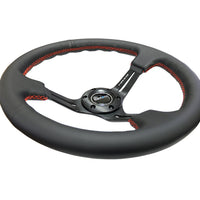 NRG Reinforced Steering Wheel (350mm / 3in. Deep) Black Leather/Red Stitch & Blk 3-Spoke w/Slits