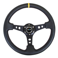 NRG Reinforced Steering Wheel (350mm / 3in. Deep) Blk Leather w/Blk Cutout Spoke/Yellow Center Mark