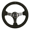 NRG Reinforced Steering Wheel (330mm / 3in Deep) Blk Suede w/Criss Cross Stitch w/Blk 3-Spoke Center