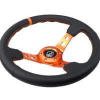 NRG Reinforce Steering Wheel (350mm / 3in. Deep) Blk Leather, Orange Center Mark w/ Orange Stitching