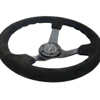 NRG Reinforced Steering Wheel (350mm / 3in. Deep) Blk Suede/Blue BBall Stitch w/5mm Matte Blk Spokes