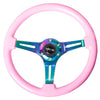 NRG Classic Wood Grain Steering Wheel (350mm) Solid Pink Painted Grip w/Neochrome 3-Spoke Center