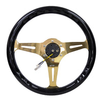 NRG Classic Wood Grain Steering Wheel (350mm) Black Grip w/Chrome Gold 3-Spoke Center