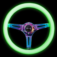 NRG Classic Wood Grain Steering Wheel (350mm) Glow-N-The-Dark Green Grip w/Neochrome 3-Spoke Center