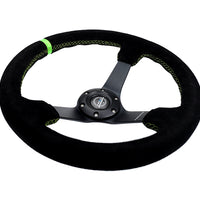 NRG Reinforced Steering Wheel 350mm/3in. Deep Blk Suede/ Neon Green Stitch w/5mm Matte Black Spoke