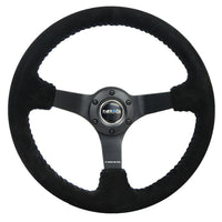 NRG Reinforced Steering Wheel (350mm / 3in. Deep) Blk Suede/Blue BBall Stitch w/5mm Matte Blk Spokes