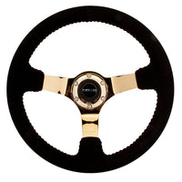 NRG Reinforced Steering Wheel (350mm / 3in. Deep) Blk Suede w/Red BBall Stitch & Chrome Gold 3-Spoke