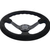 NRG Reinforced Steering Wheel (350mm / 3in. Deep) Blk Suede/Blue BBall Stitch w/5mm Matte Blk Spokes