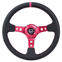 NRG Reinforced Steering Wheel (350mm/3in. Deep) Black Leather/ Fushia Center Mark/ Fushia Stitching