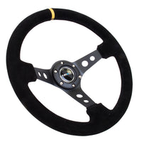 NRG Reinforced Steering Wheel (350mm / 3in. Deep) Blk Suede w/Circle Cut Spokes & Single Yellow CM