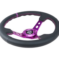 NRG Reinforced Steering Wheel (350mm / 3in. Deep) Black Leather w/Purple Center & Purple Stitching