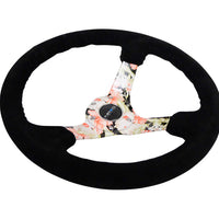 NRG Reinforced Steering Wheel (350mm / 3in. Deep) Blk Suede Floral Dipped w/ Blk Baseball Stitch