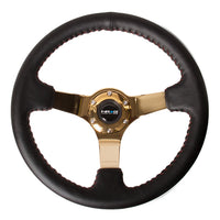 NRG Reinforced Steering Wheel (350mm / 3in. Deep) Blk Leather/Red BBall Stitch w/4mm Gold Spokes