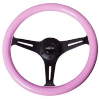 NRG Classic Wood Grain Steering Wheel (350mm) Solid Pink Painted Grip w/Black 3-Spoke Center