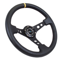 NRG Reinforced Steering Wheel (350mm / 3in. Deep) Blk Leather w/Blk Cutout Spoke/Yellow Center Mark