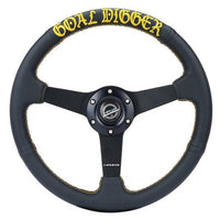 NRG Sport Steering Wheel (350mm / 1.5in Deep) Black Leather/Gold Stitch w/Matte Black Solid Spokes