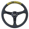 NRG Sport Steering Wheel (350mm / 1.5in Deep) Black Leather/Gold Stitch w/Matte Black Solid Spokes