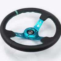 NRG Reinforce Steering Wheel (350mm / 3in. Deep) Blk Leather, Teal Center Mark w/ Teal Stitching