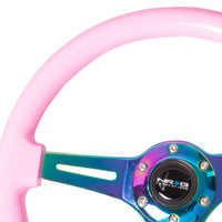 NRG Classic Wood Grain Steering Wheel (350mm) Solid Pink Painted Grip w/Neochrome 3-Spoke Center