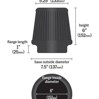 K&N Universal Rubber Filter Round Tapered 6in Flange ID x 7.5in Base OD x 5.25in Top OD x 6in Height