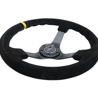 NRG Reinforced Steering Wheel (350mm / 3in. Deep) Blk Suede/X-Stitch w/5mm Blk Spoke & Yellow CM