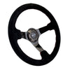 NRG Reinforced Steering Wheel (350mm / 3in. Deep) Blk Suede w/Red BBall Stitch & Black 3-Spoke