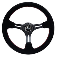 NRG Reinforced Steering Wheel (350mm / 3in. Deep) Blk Suede w/Red Stitching & 5mm Spokes w/Slits