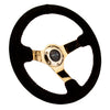 NRG Reinforced Steering Wheel (350mm / 3in. Deep) Blk Suede w/Red BBall Stitch & Chrome Gold 3-Spoke